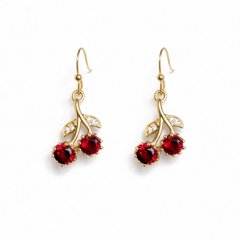 ⚜️ Elegant Gold and Red Cherry Earrings With Zirconia